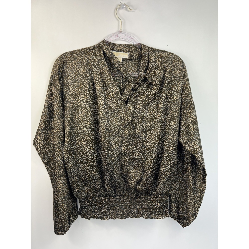 Michael Kors Blouse Women's Size PM Animal Print Tie V-Neck‎ Elastic Long Sleeve